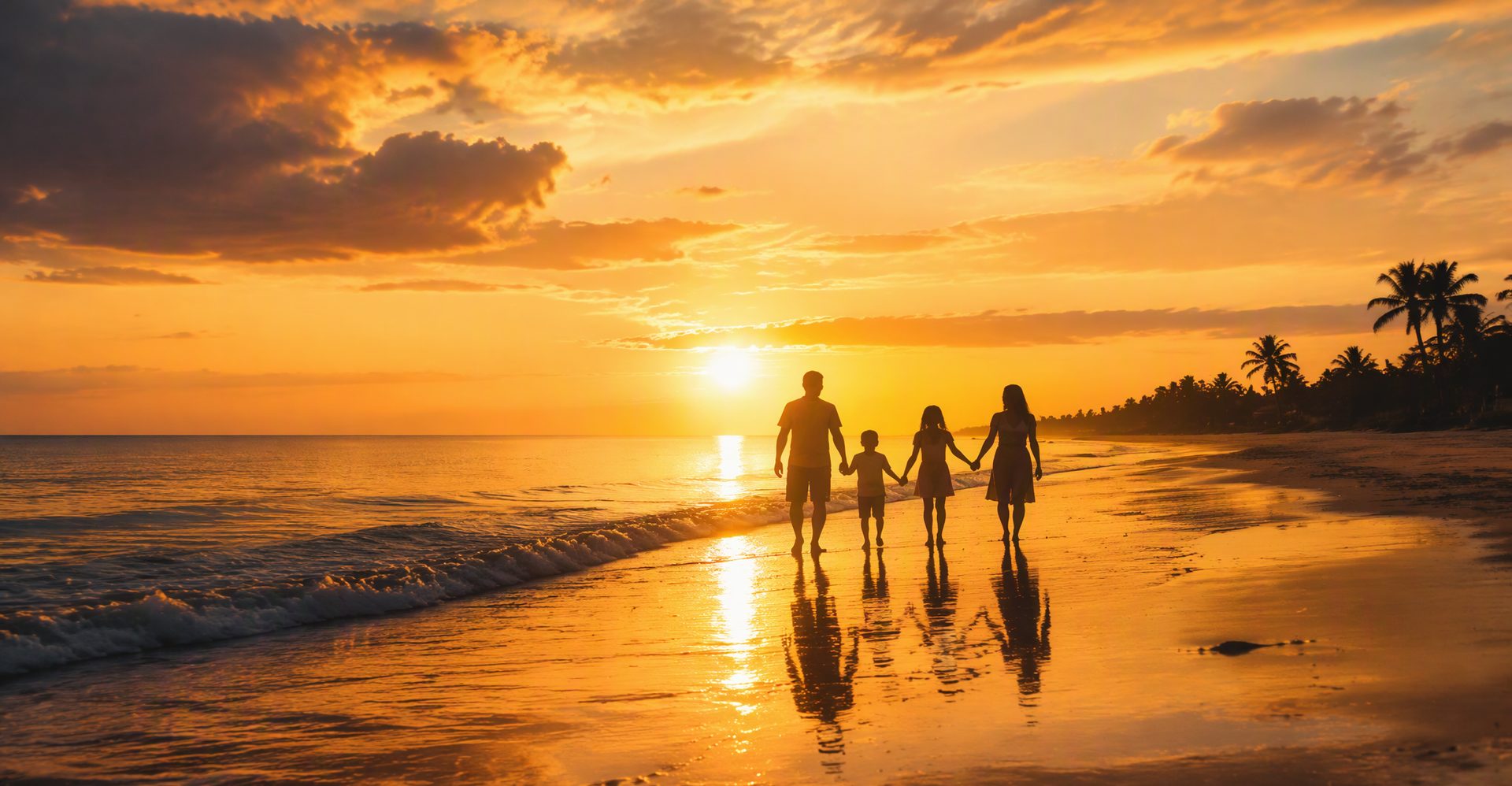 A family walking along a shoreline at sunset, silhouetted