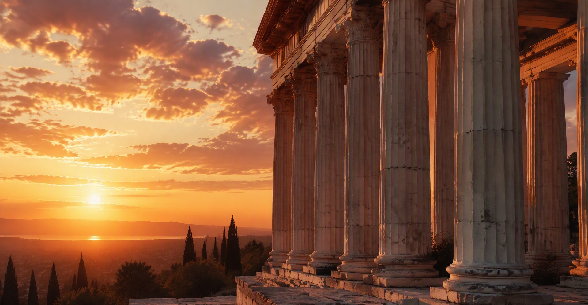 Classical marble columns at sunset