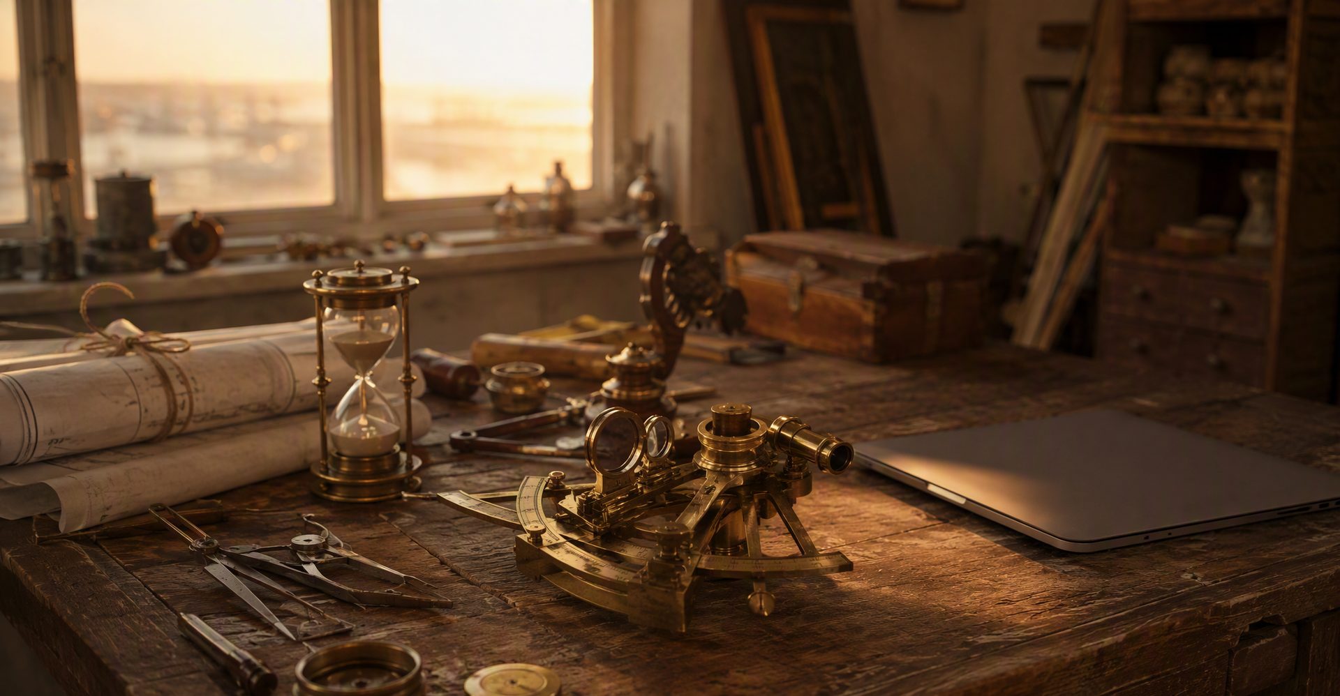 A workbench of brass precision instruments beside a laptop at dawn