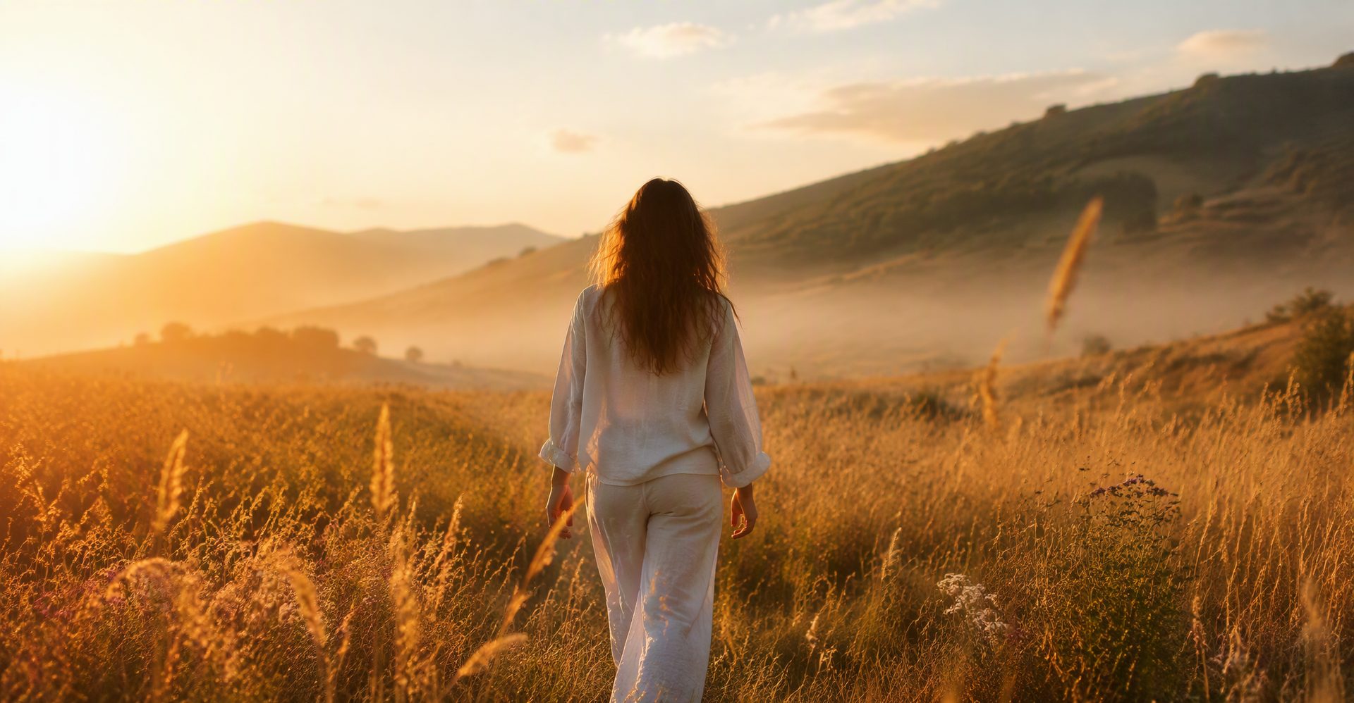 A lone figure walking through a golden meadow at first light