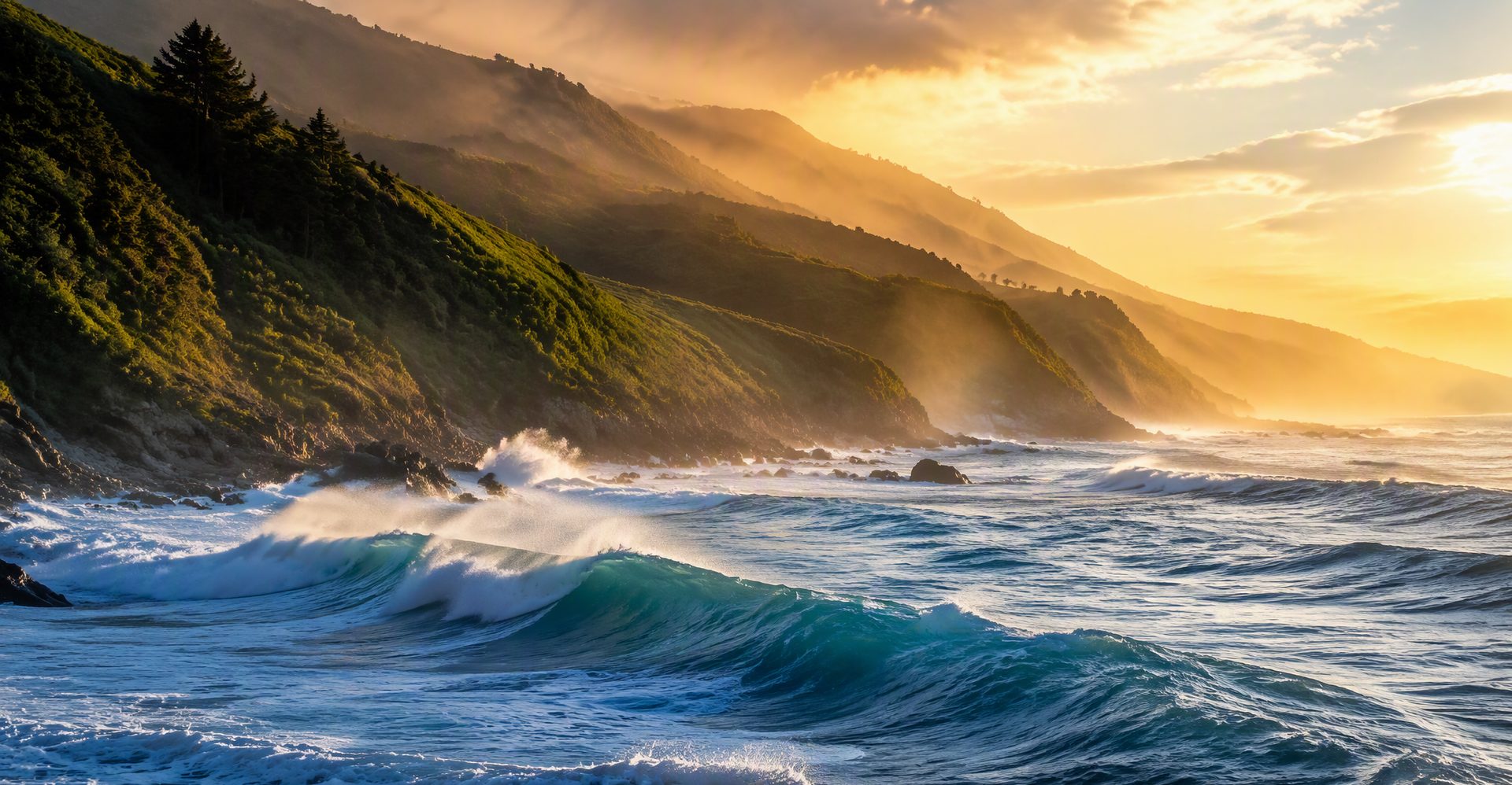 Ocean waves meeting a green coastline at golden hour